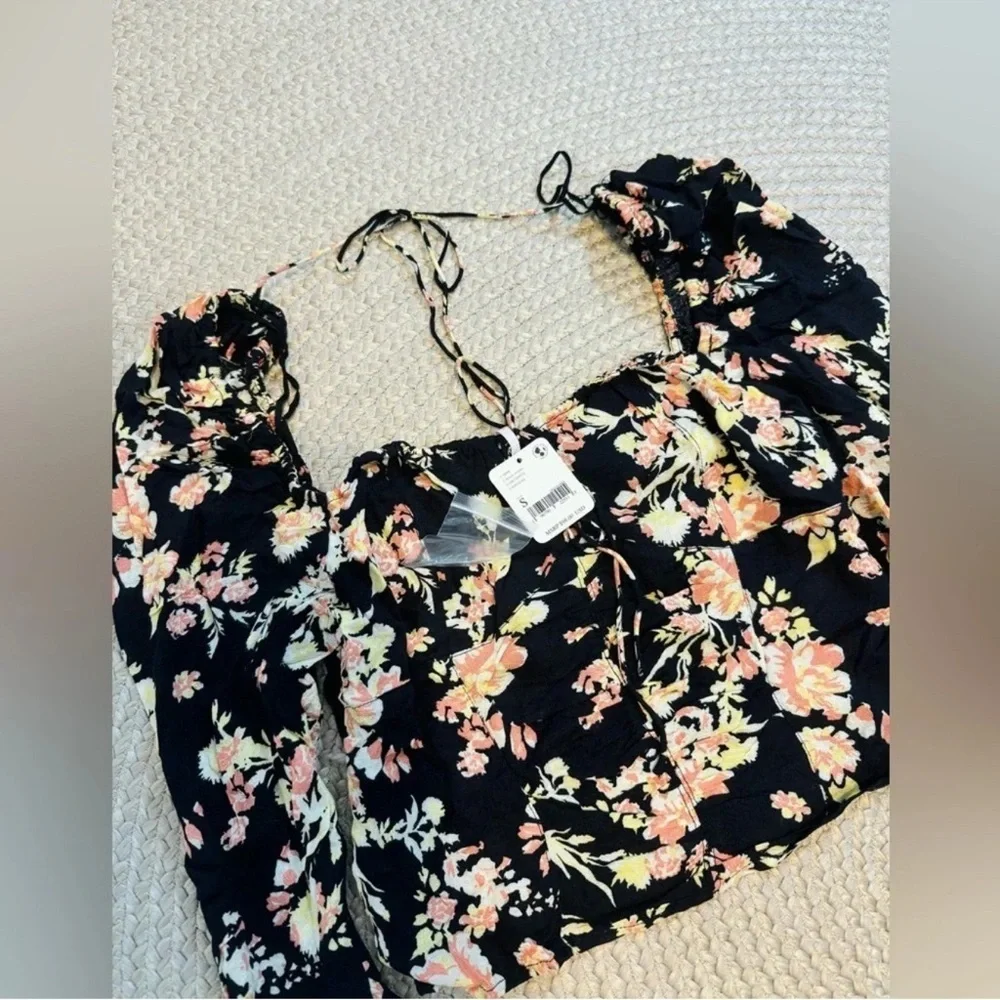 New Free People Hillary Black Floral Top